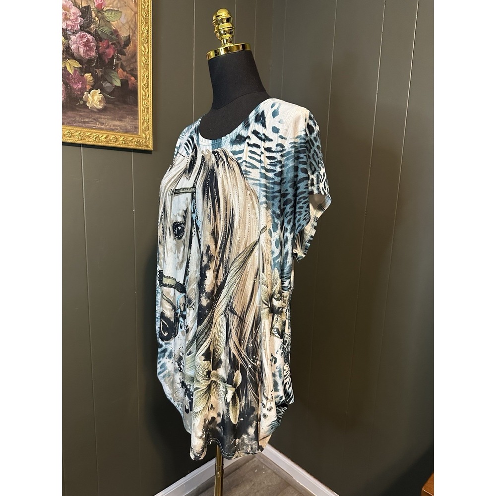 Horse Print Blue Cheetah Leopard Tunic Top‎ Short Sleeve One Size - Picture 3 of 7